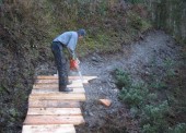 Development of the trail system included constructing boardwalk sections to revitalize the historic Gold Rush Trail sections to modern standards. (photo by Thomas Schoen for www.ridethecariboo.ca) Development of the trail system included constructing boardwalk sections to revitalize the historic Gold Rush Trail sections to modern standards. (photo by Thomas Schoen for www.ridethecariboo.ca)