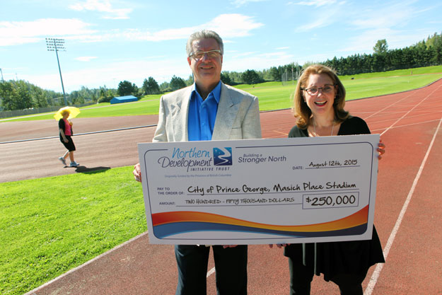 Prince George Mayor Lyn Hall (left) joined Trust CEO Janine North August 12th at Masich Place Stadium to recognize Northern Development's grant approval for upgrades to the stadium